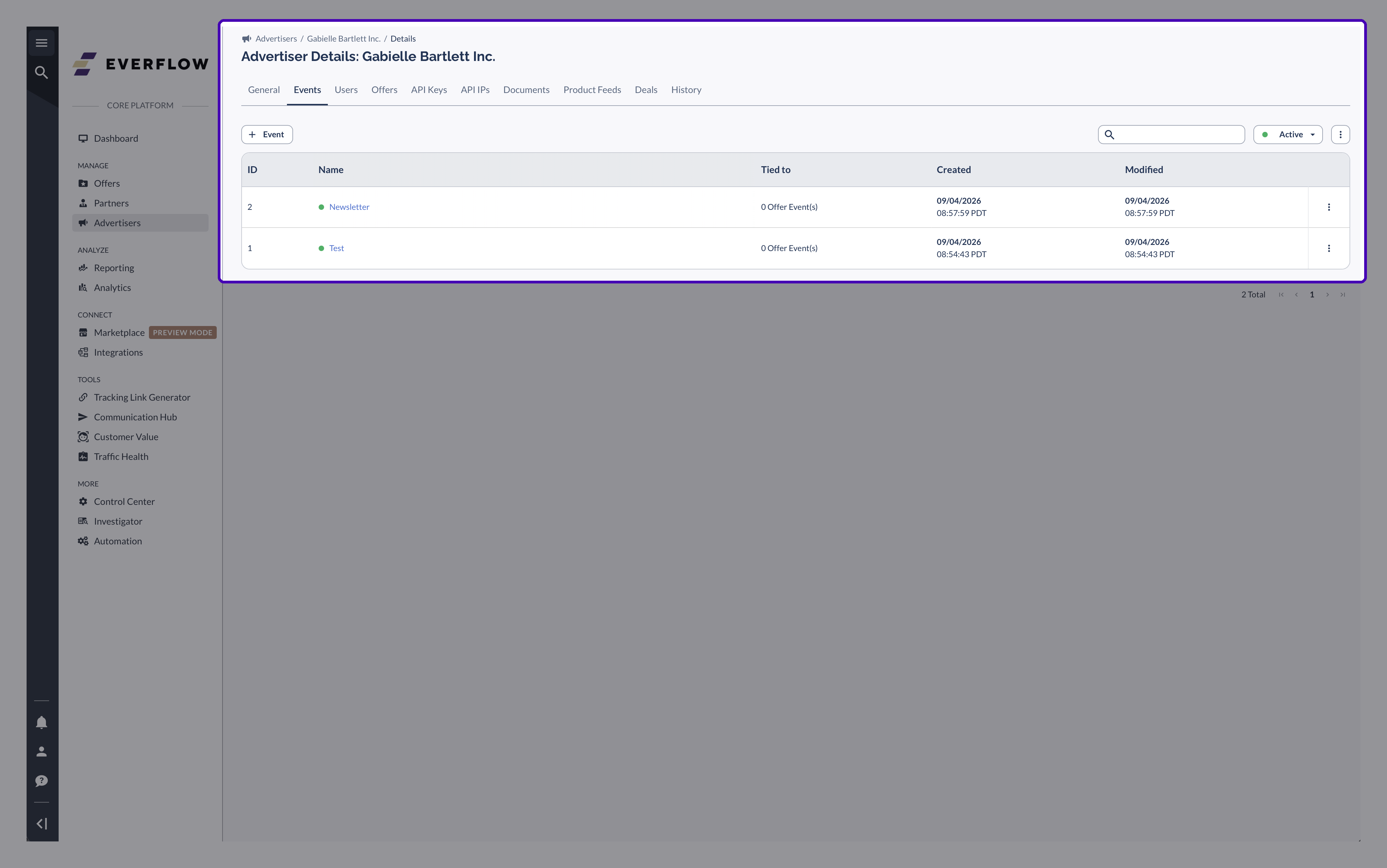 The Events tab on an Advertiser in Everflow, listing the Advertiser Level Events that have been created
