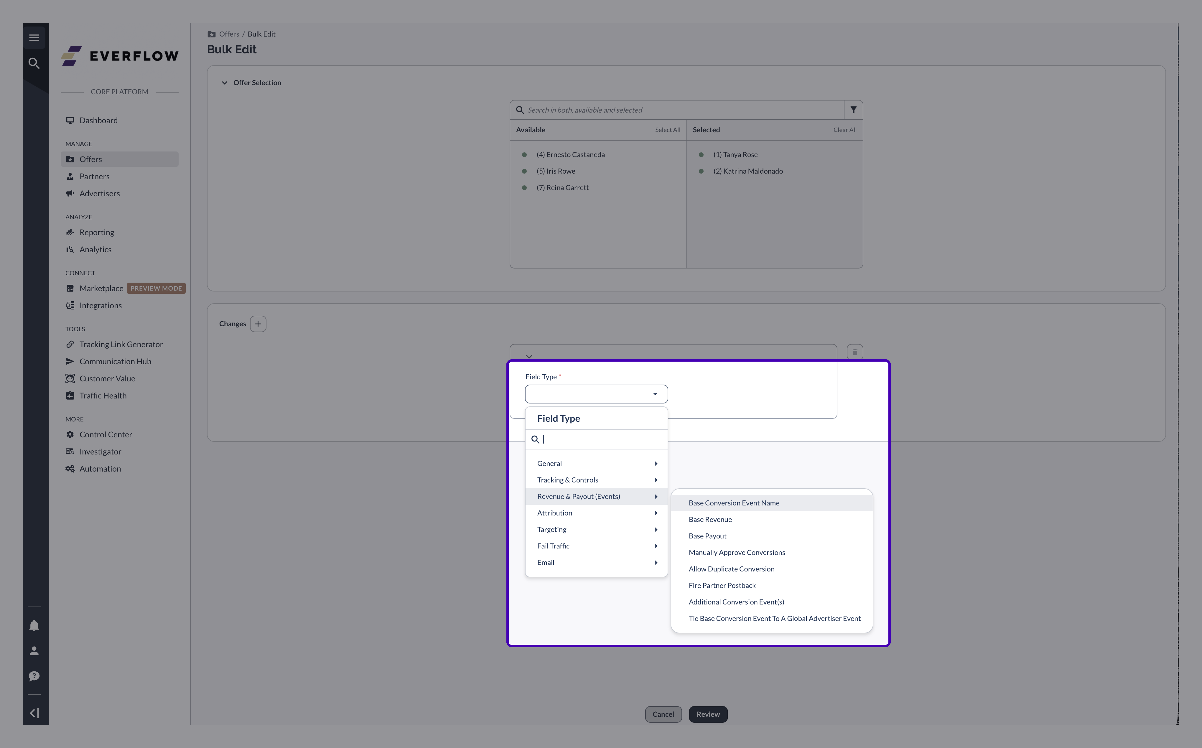 Bulk Edit Field Type menu open on Revenue and Payout (Events), showing the Tie Base Conversion Event To A Global Advertiser Event option
