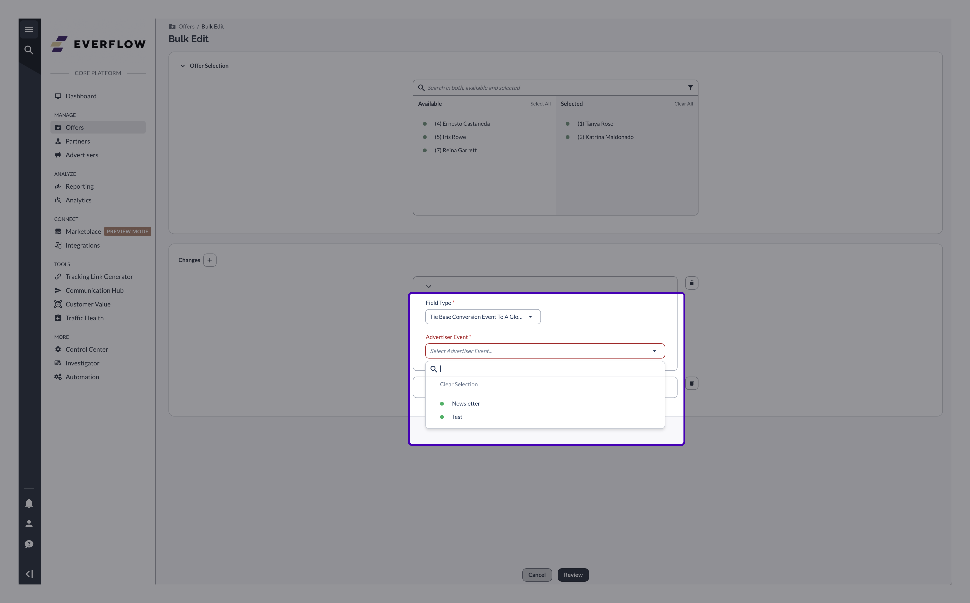 The Advertiser Event dropdown in Bulk Edit, listing the Advertiser Level Events available to tie
