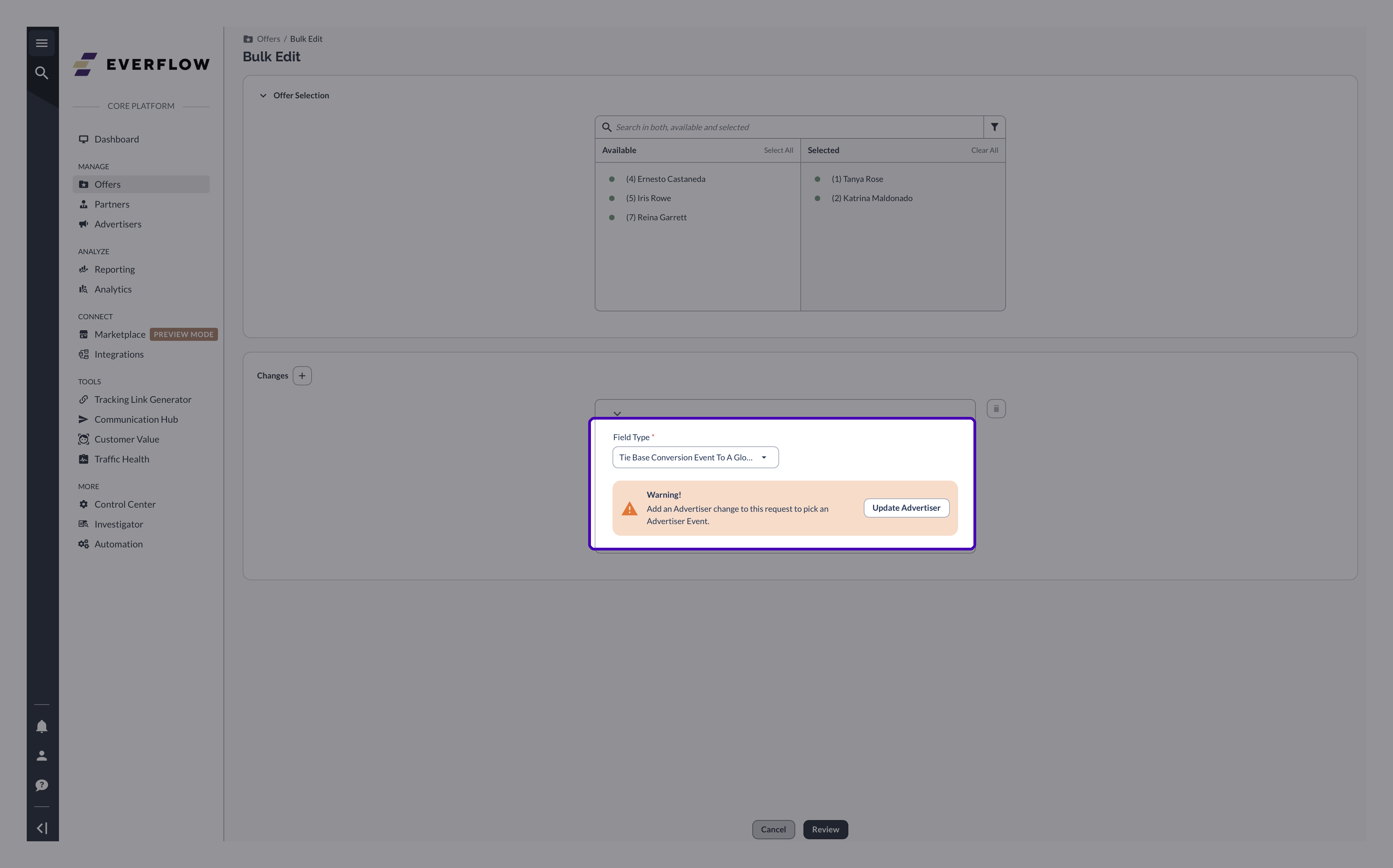 The Update Advertiser warning in Bulk Edit, shown when the Advertiser field is not part of the same request