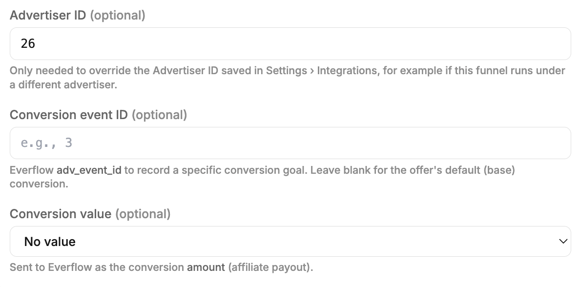 The optional Advertiser ID, Conversion event ID and Conversion value fields in a LeadCapture.io funnel