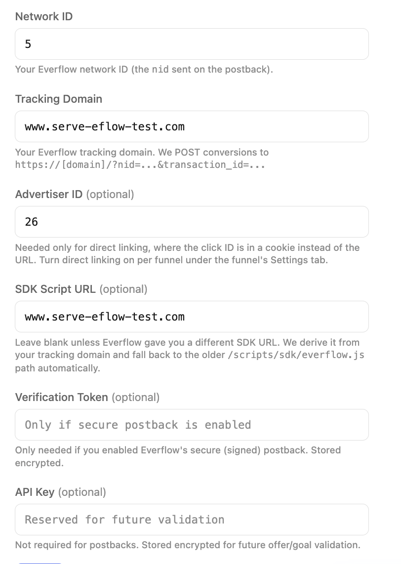 The Everflow integration form in LeadCapture.io account settings, showing Network ID, Tracking Domain, Advertiser ID, SDK Script URL, Verification Token and API Key