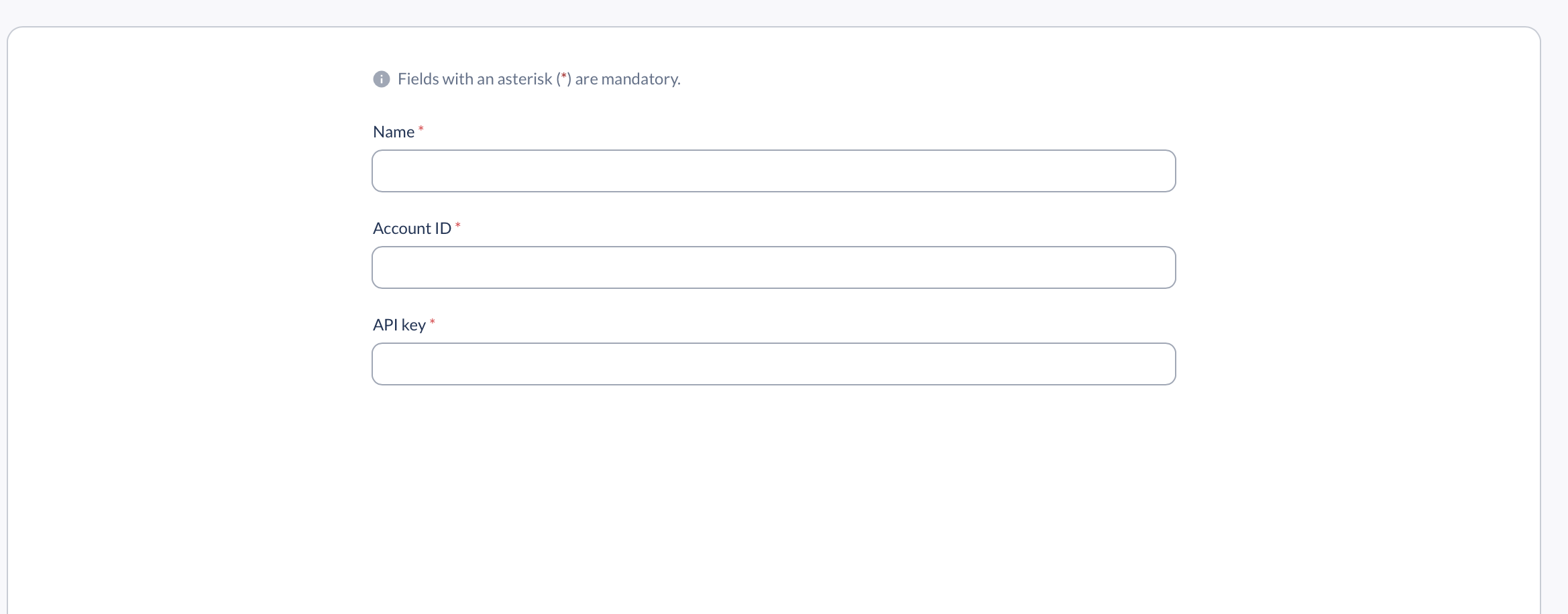The Whop integration form with Name, Account ID and API key, all mandatory