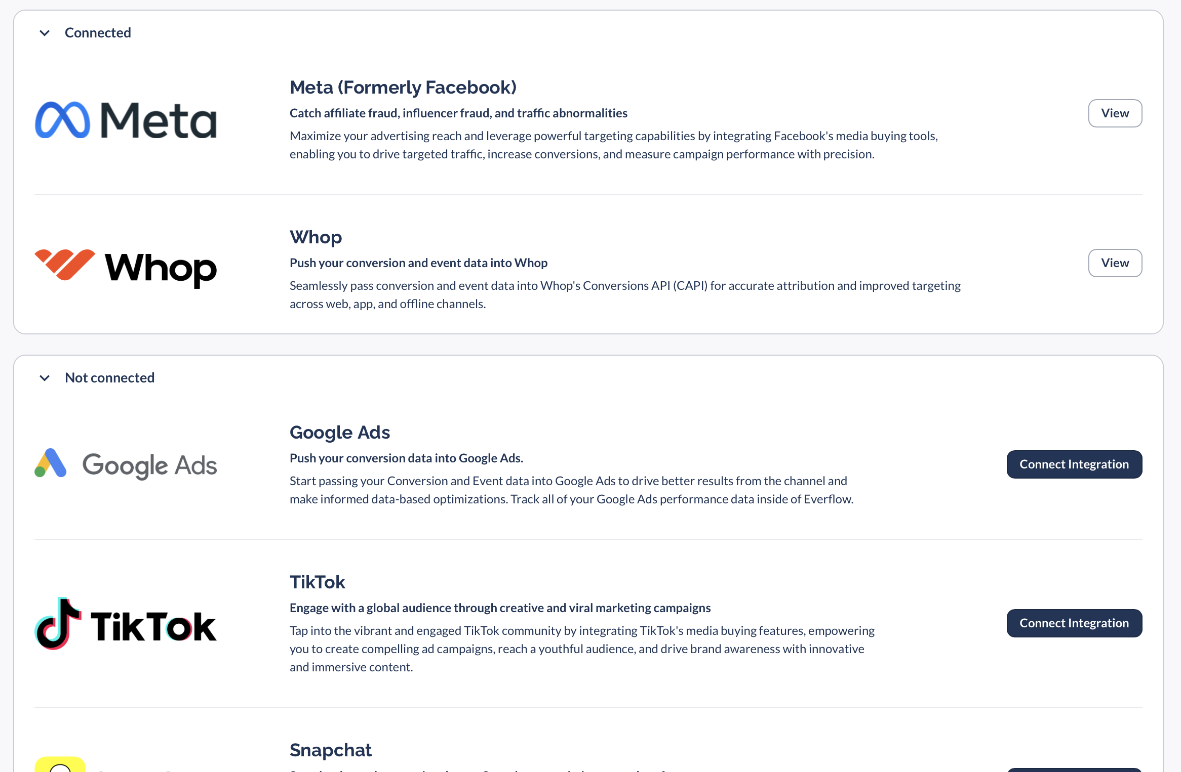 The partner Integrations list, showing Whop under Connected and other platforms under Not connected