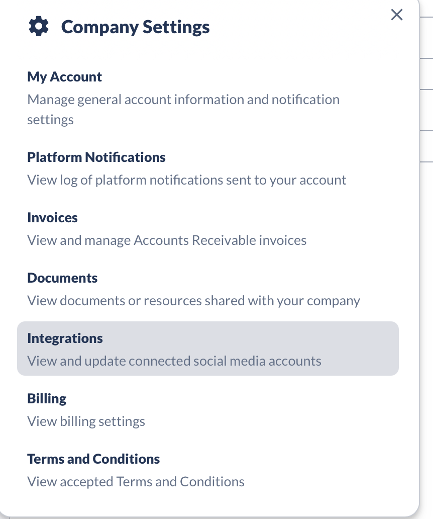 The Company Settings panel with Integrations selected