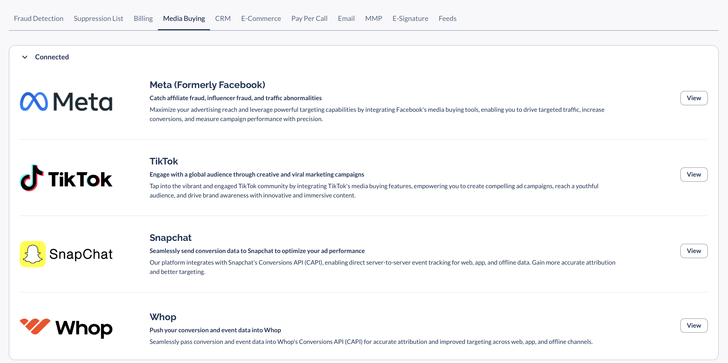 The Media Buying tab in the Core Platform, with Whop listed under Connected