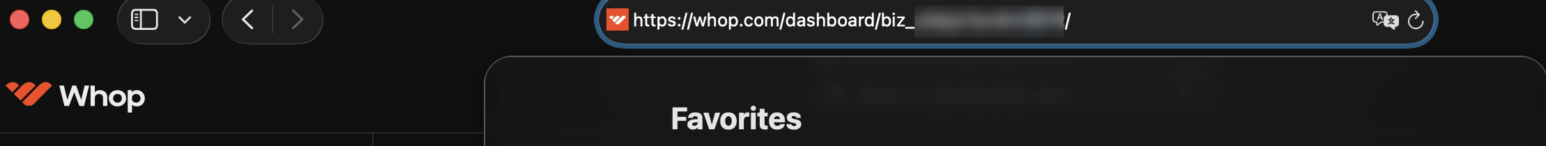 A Whop dashboard URL, with the Account ID visible as the biz_ segment after dashboard/