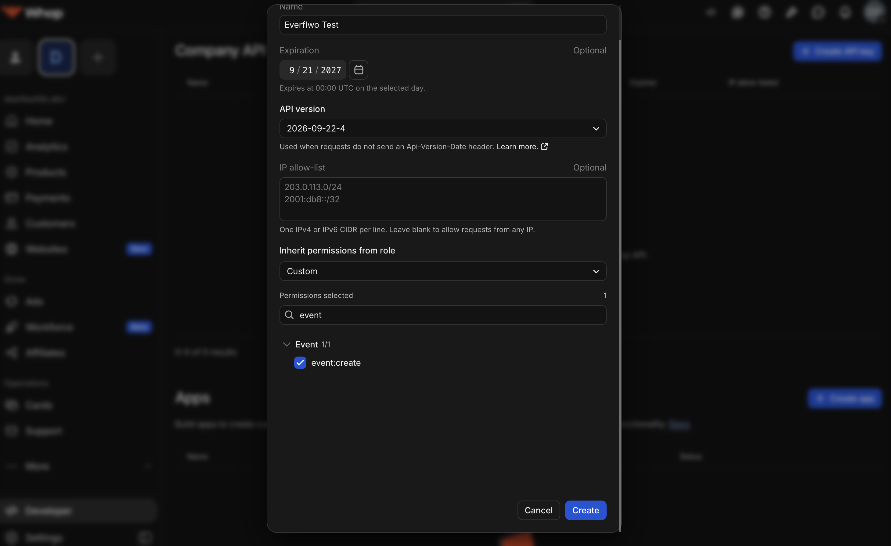 The Create API key dialog with event searched in the permissions box and event:create ticked, showing Permissions selected as 1