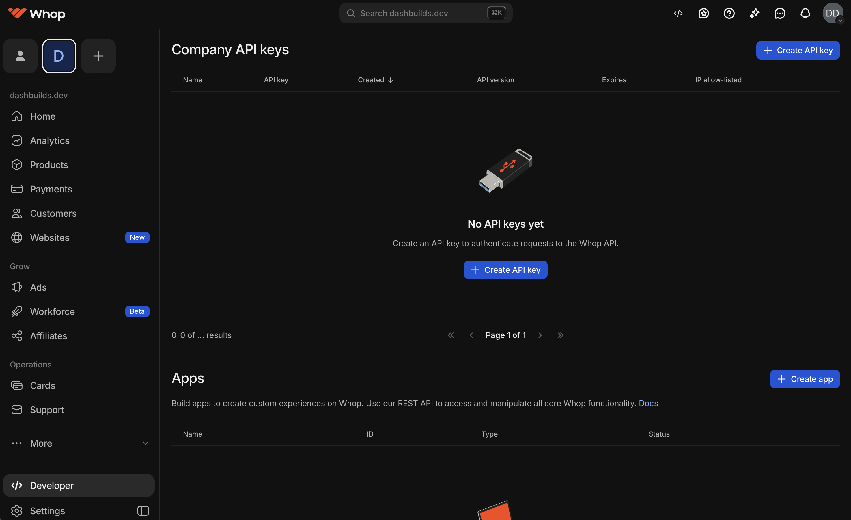The Company API keys screen in the Whop dashboard, reached from Developer in the left-hand nav, with the Create API key button top right