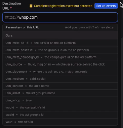The Destination URL field in a Whop campaign, with the list of parameters Whop appends to it, including utm_whop set to true