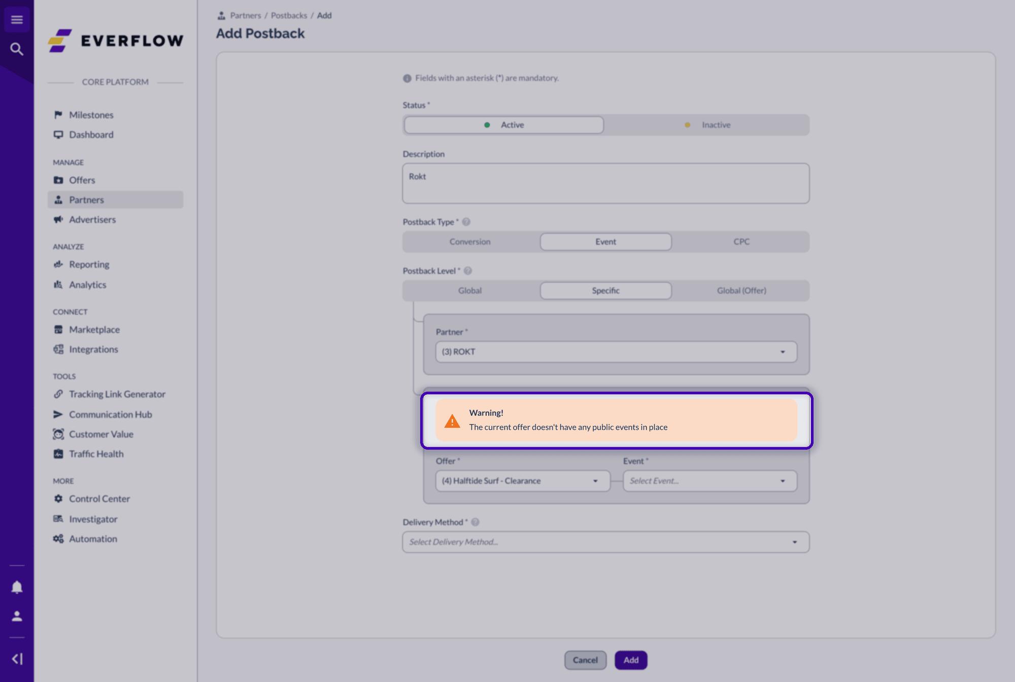 Add Postback warning that the offer has no public events