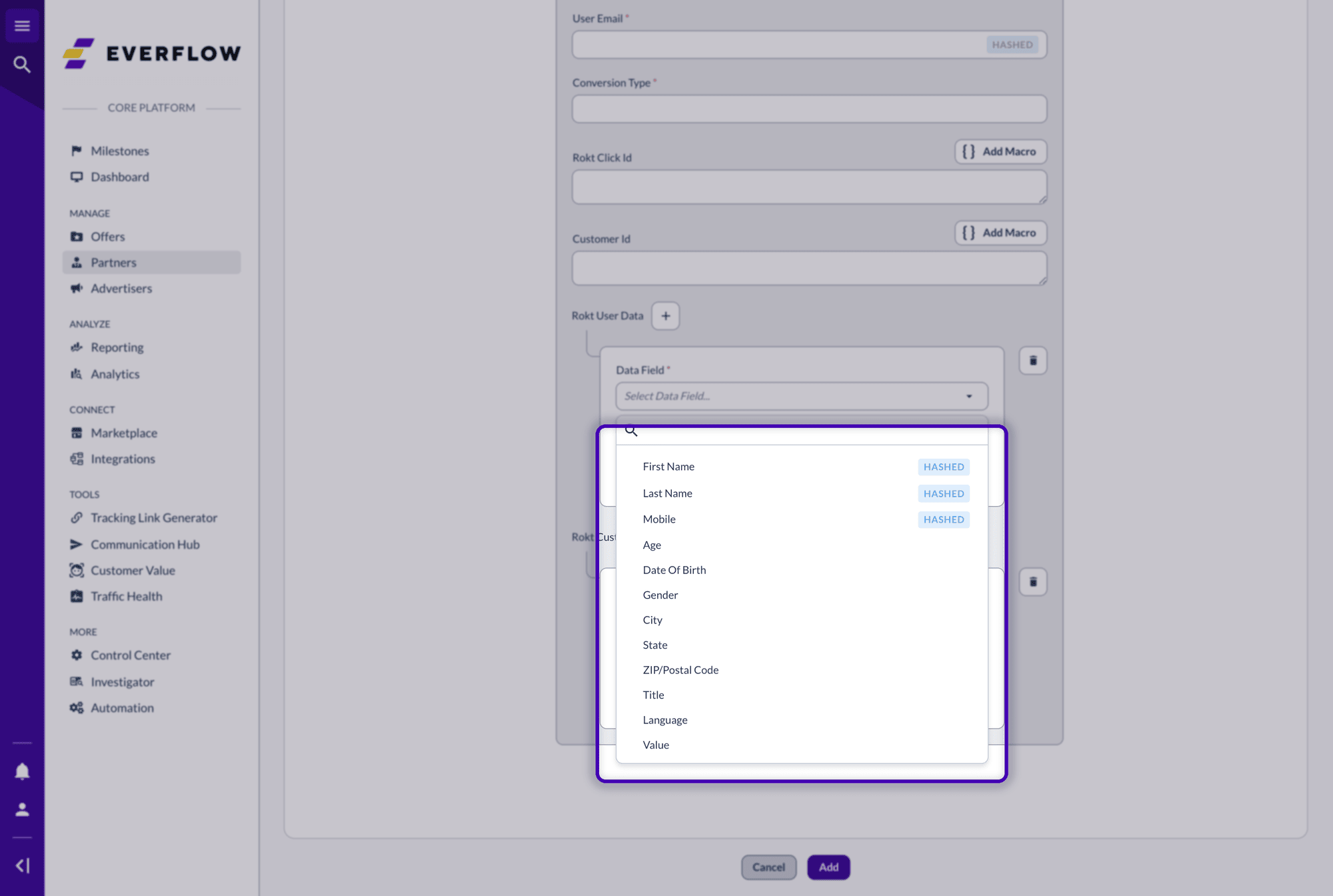 Rokt User Data field list with HASHED badges on First Name, Last Name and Mobile
