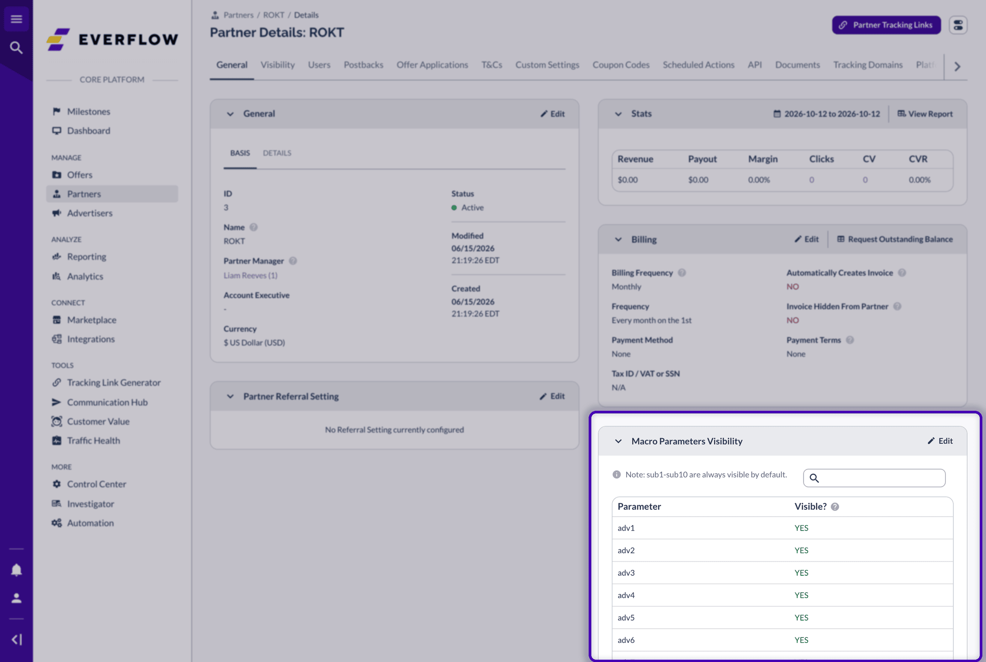 Partner details page with the Macro Parameters Visibility panel highlighted
