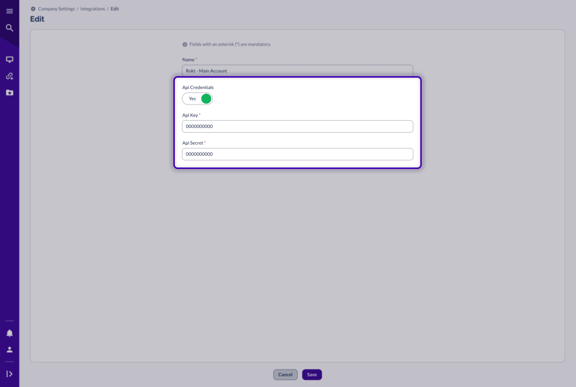 Edit Rokt integration with Api Credentials switched to Yes