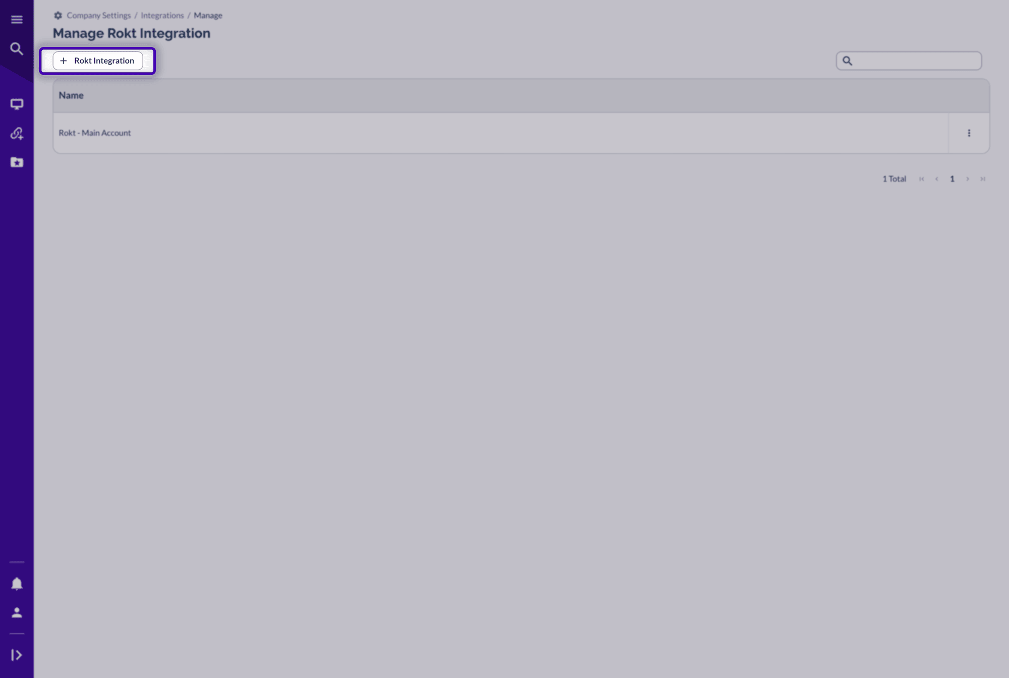 Manage Rokt Integration page with the + Rokt Integration button highlighted