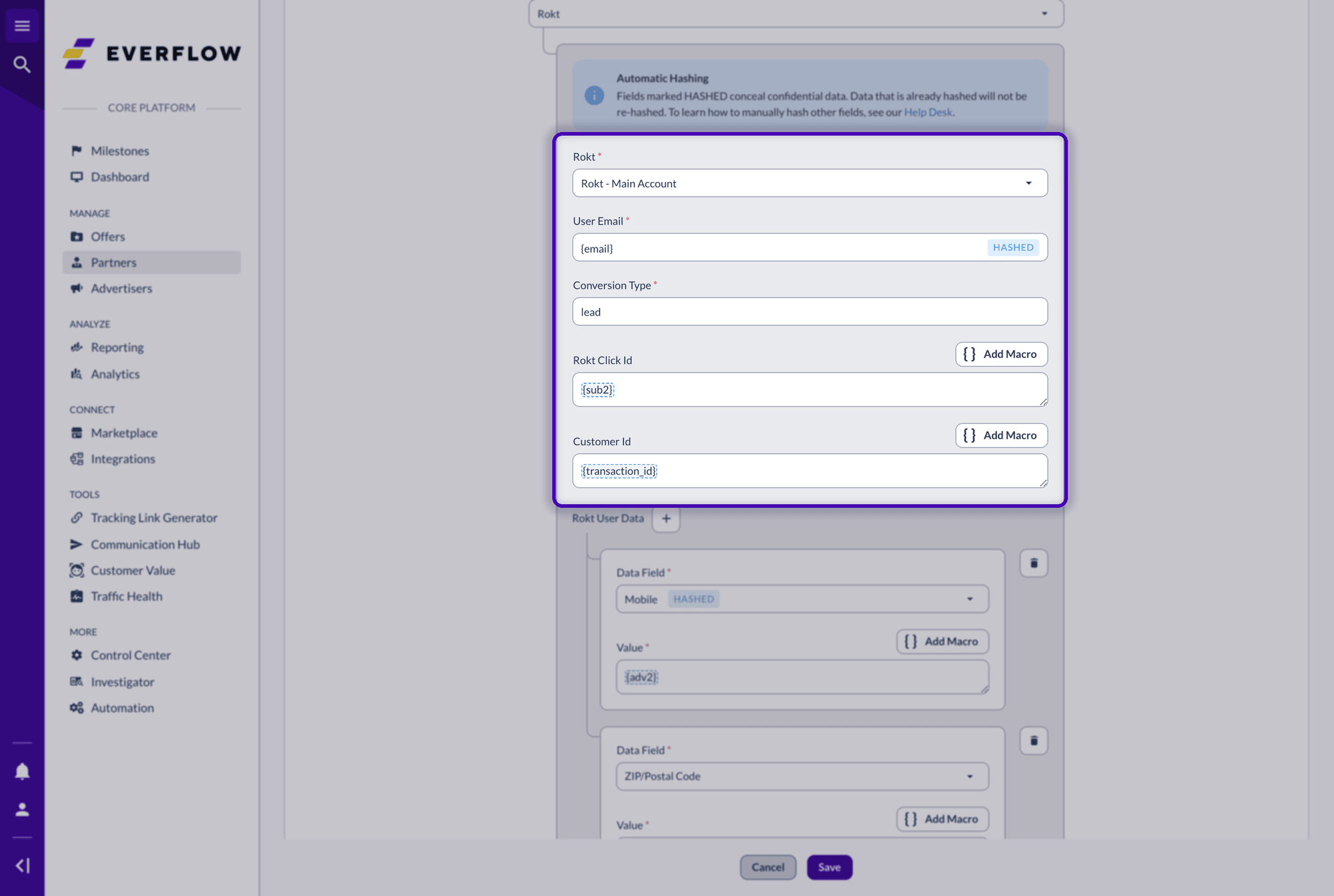 A completed Rokt postback with User Email, Conversion Type, Rokt Click Id and Customer Id mapped