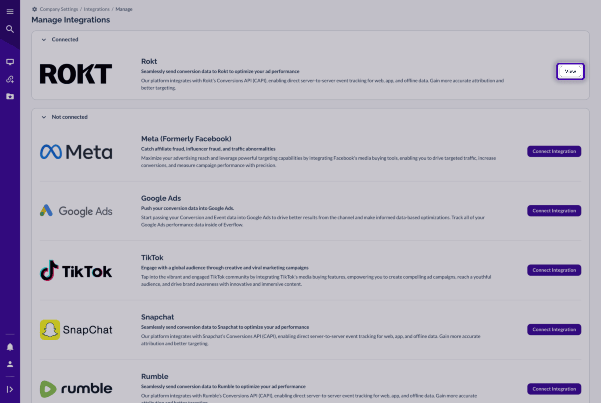 Manage Integrations page with Rokt under Connected and the View button highlighted