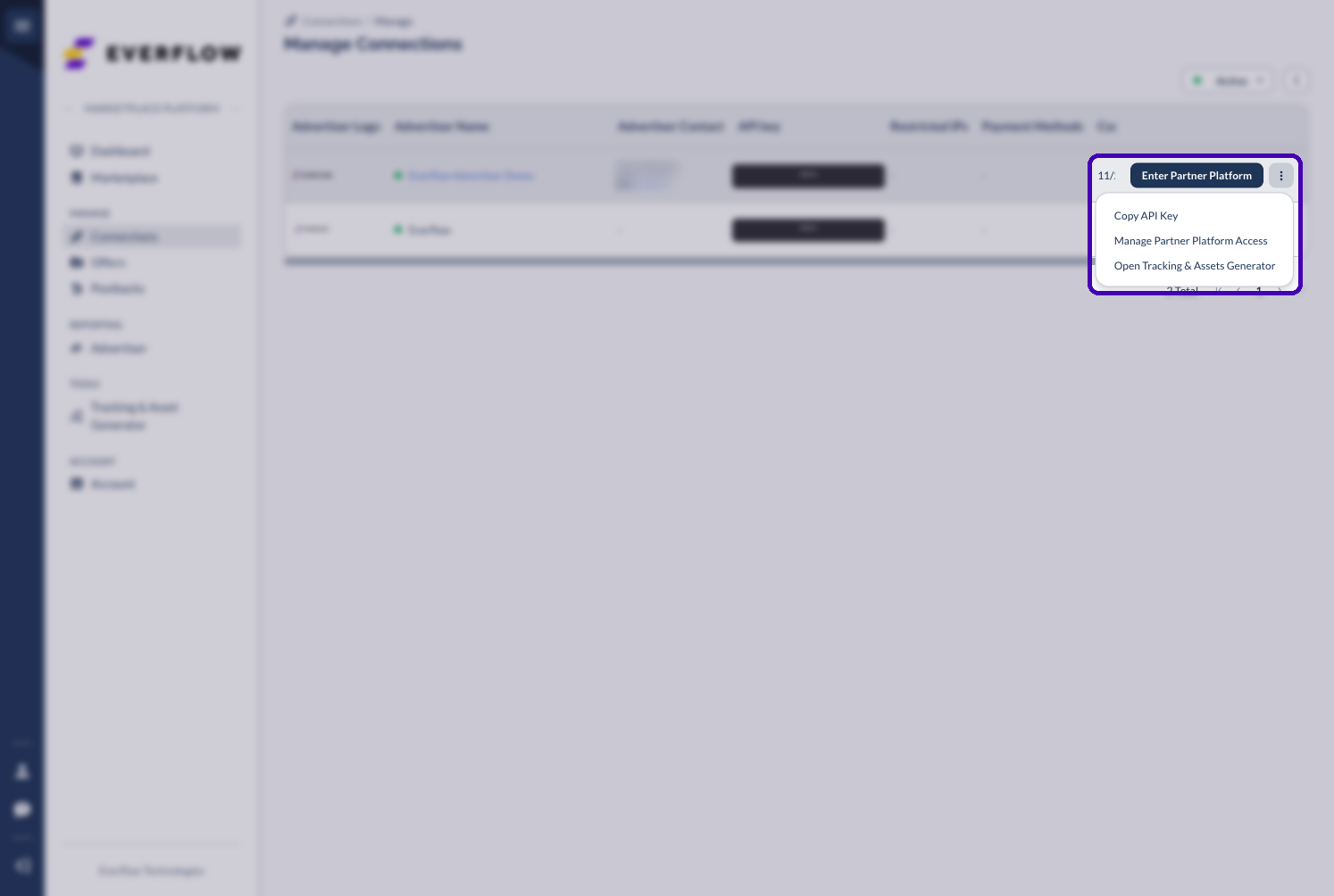 Connection row menu with Manage Partner Platform Access