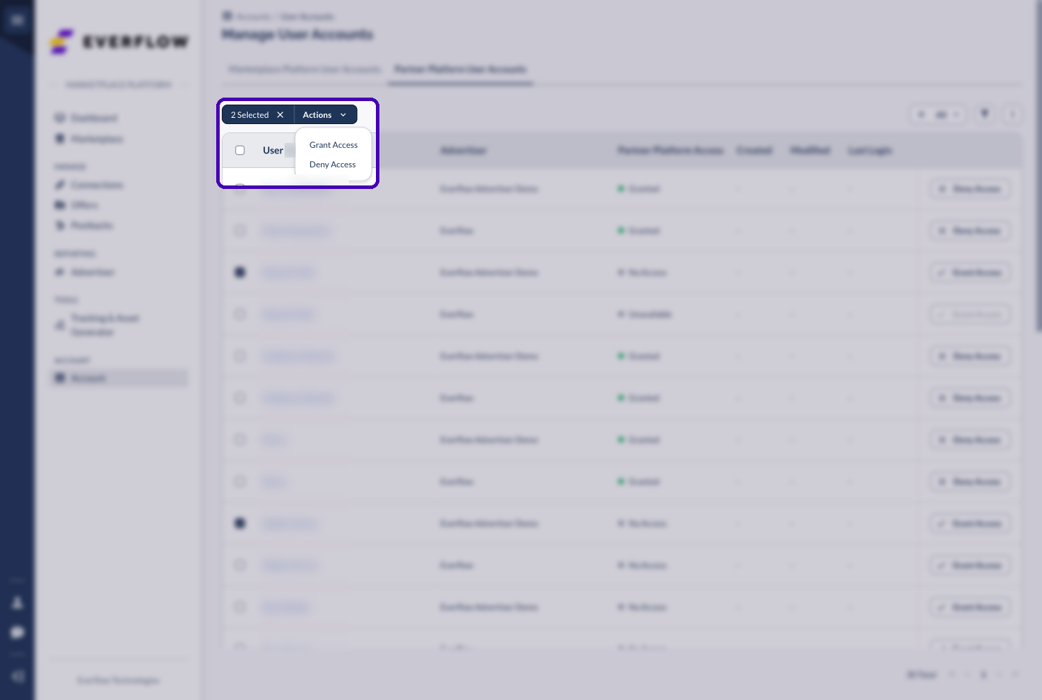 Two rows selected with the Actions menu open showing Grant Access and Deny Access