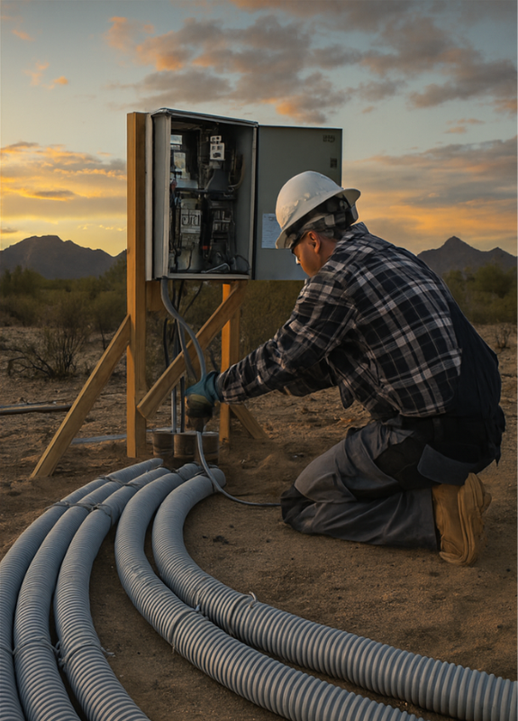 Electrician in a hard hat and plaid shirt working on an outdoor electrical panel at sunset with mountains in the background.
