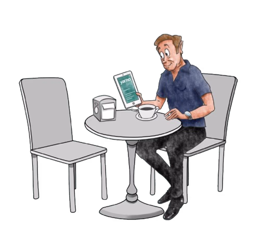 An illustration of a man sitting on chair holding up an iPad