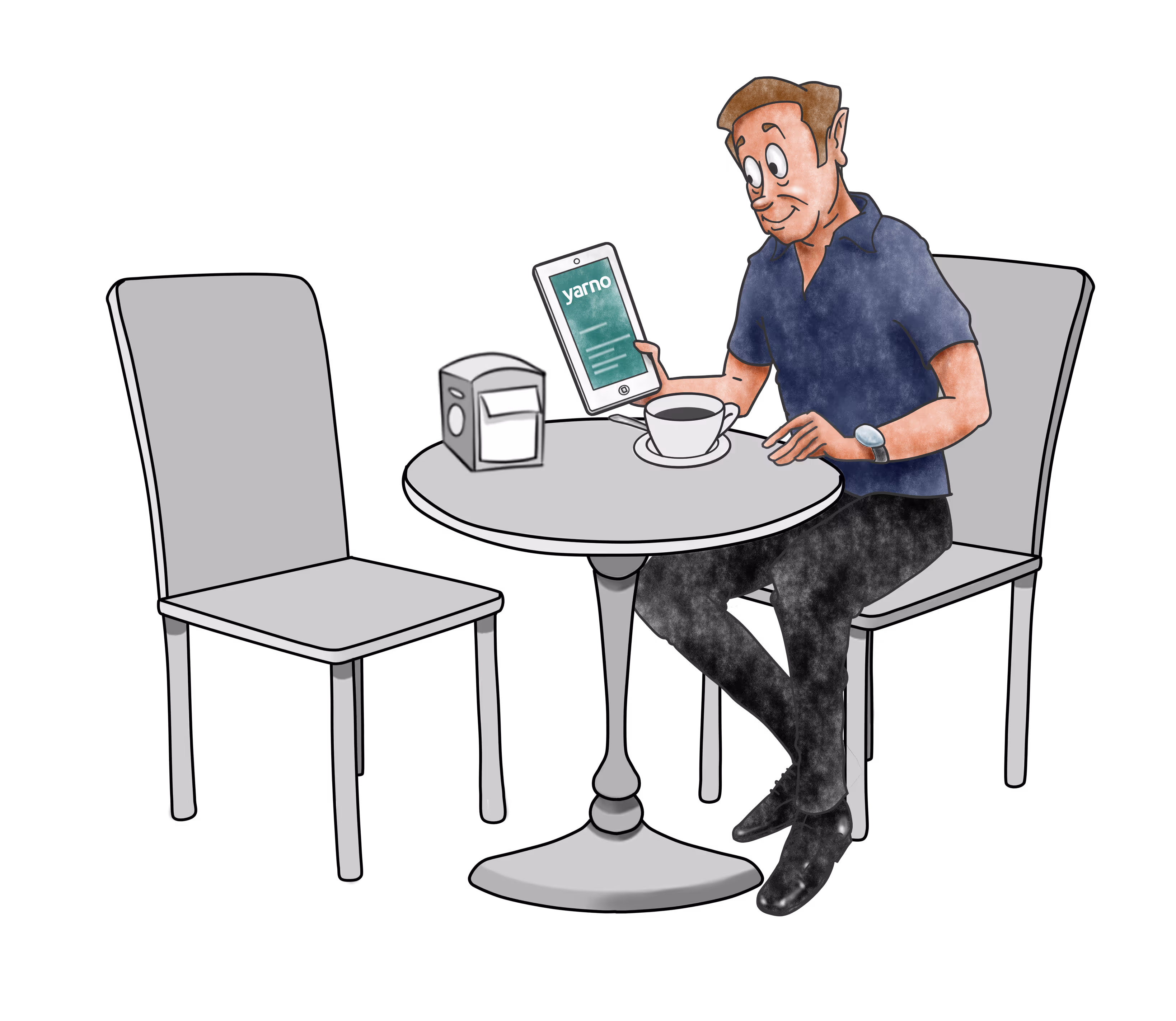 An illustration of a man sitting on chair holding up an iPad