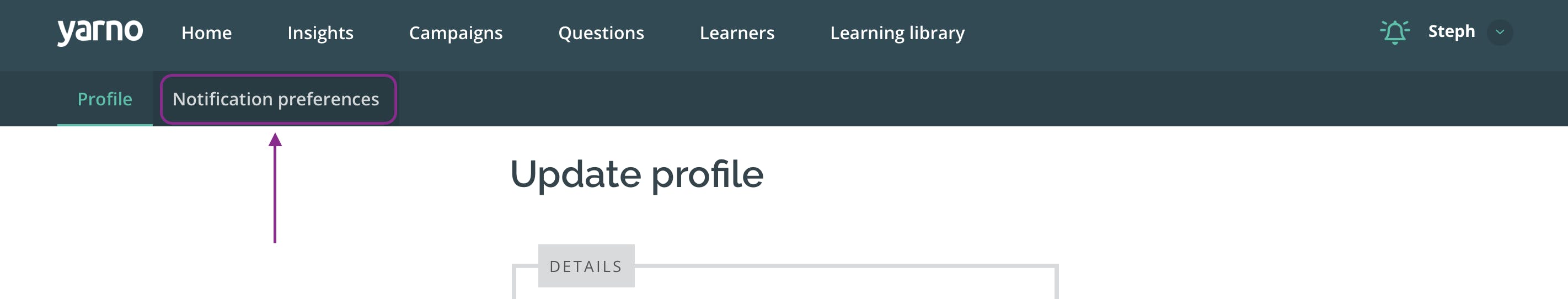 Arrow points to the notification preferences tab in the Admin Profile screen