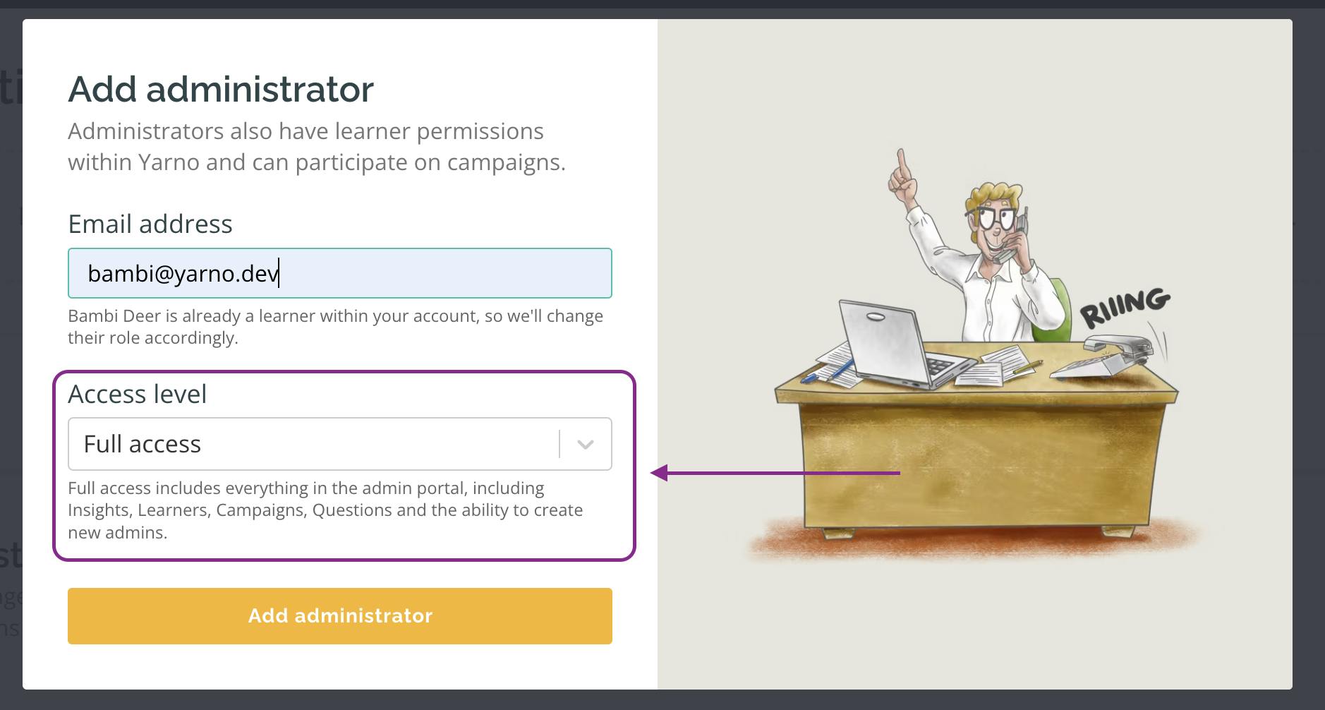 Add administrator pop up, with arrow pointing out access level drop down