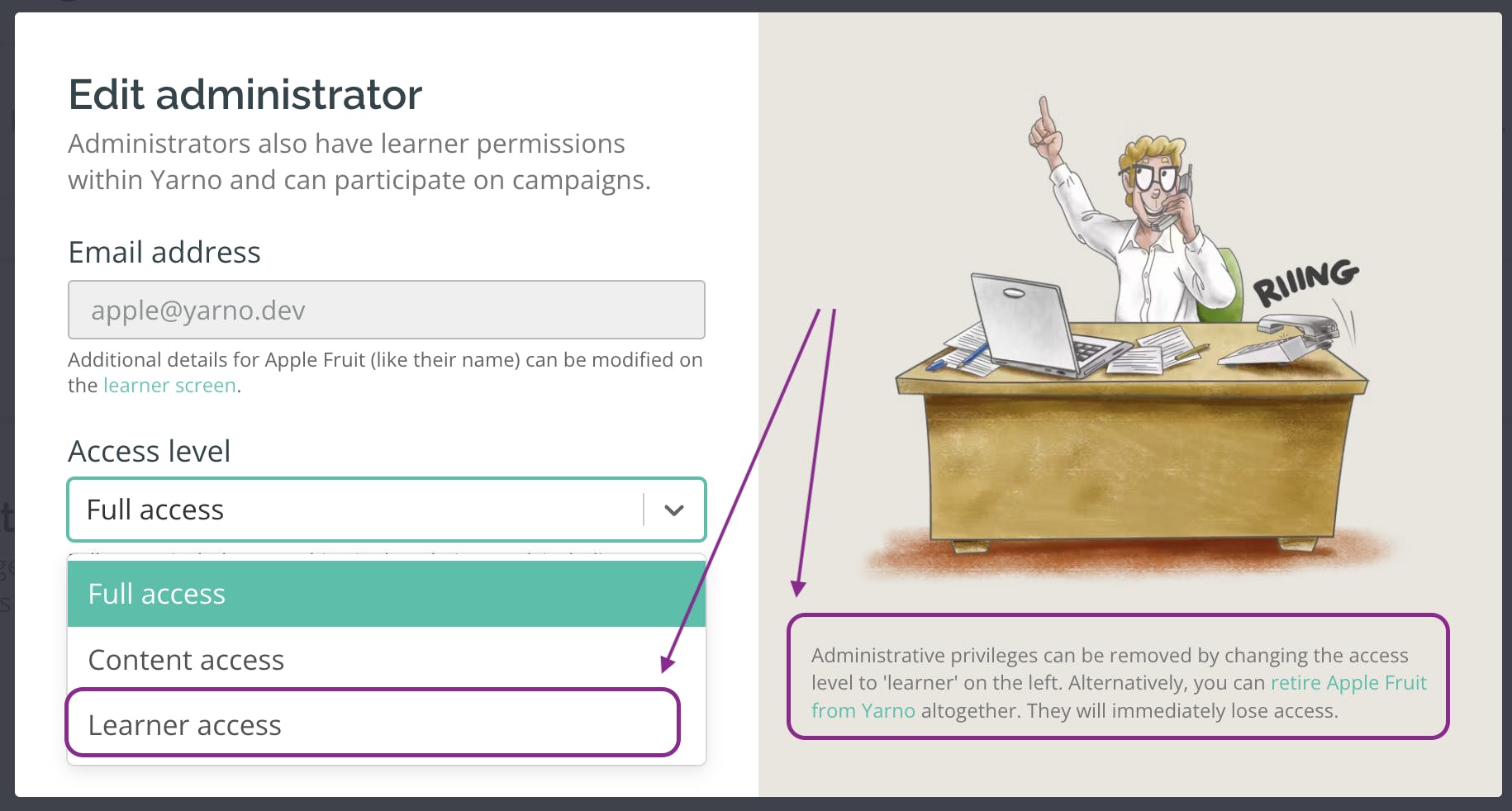 Edit administrator window with arrows pointing to options to downgrade admins