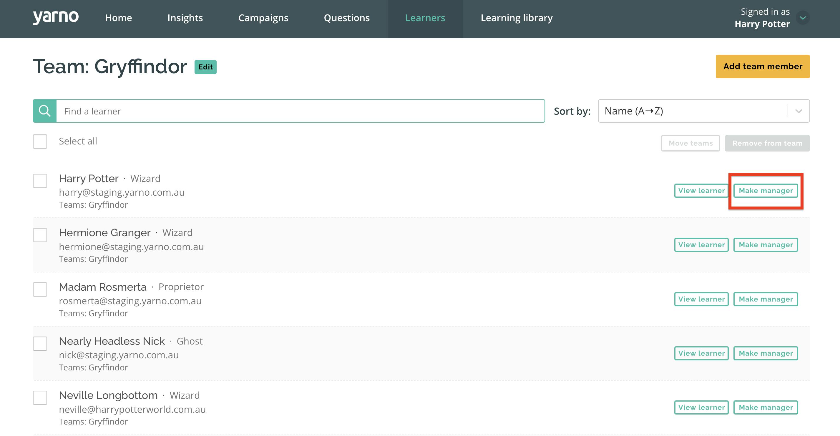 Individual team page with 'make manager' beside a learner circled