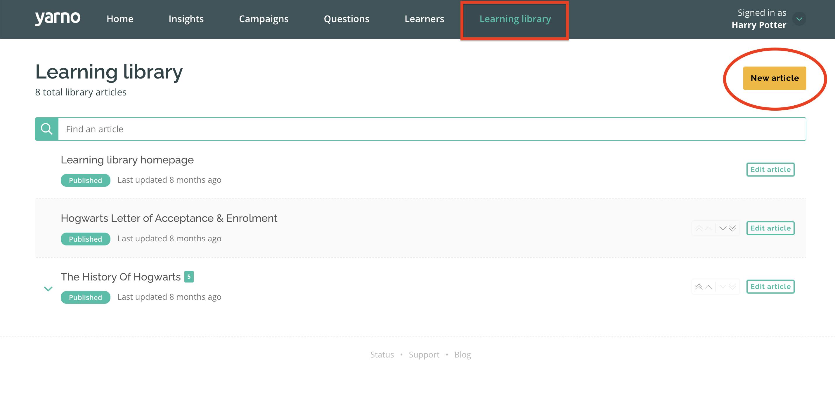 Screenshot of Learning Library page in Admin Portal circling "New Article"