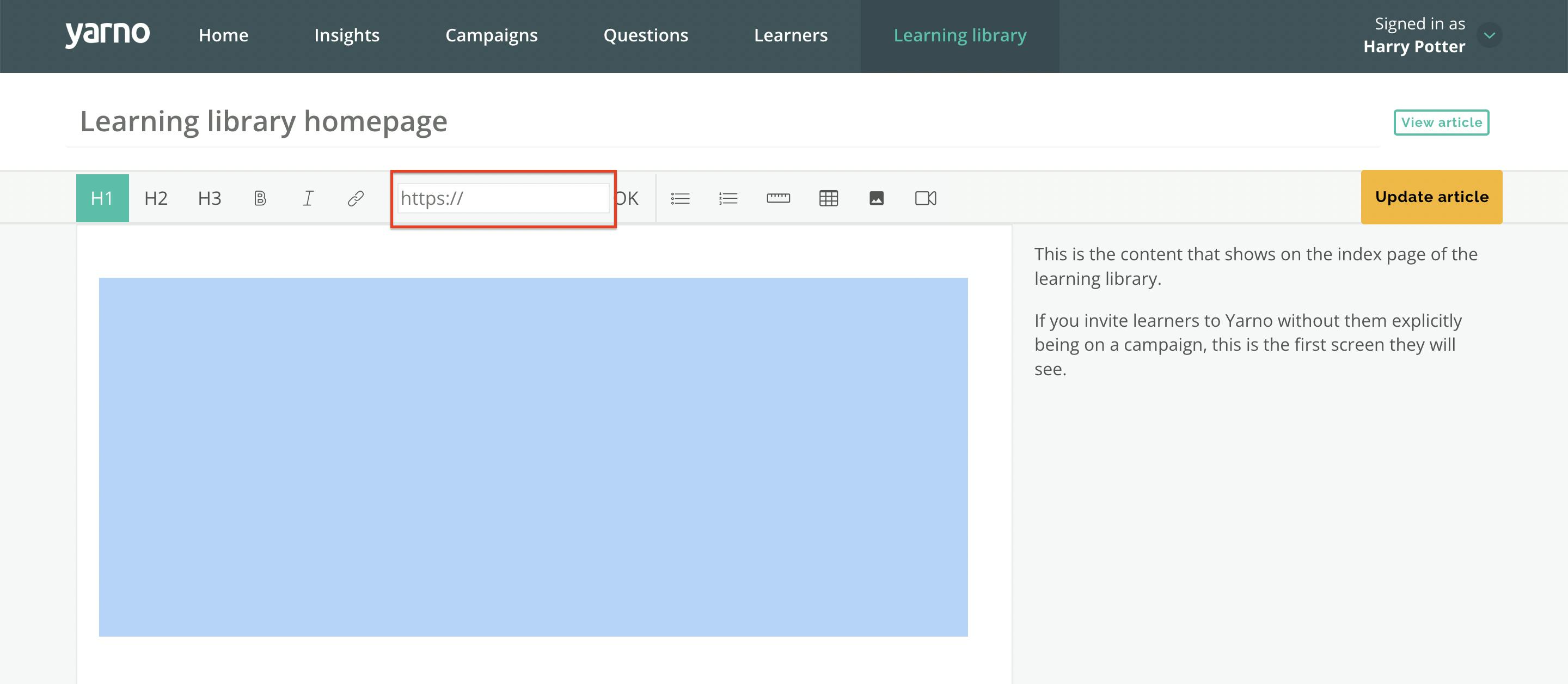 Screenshot of Learning Library edit window