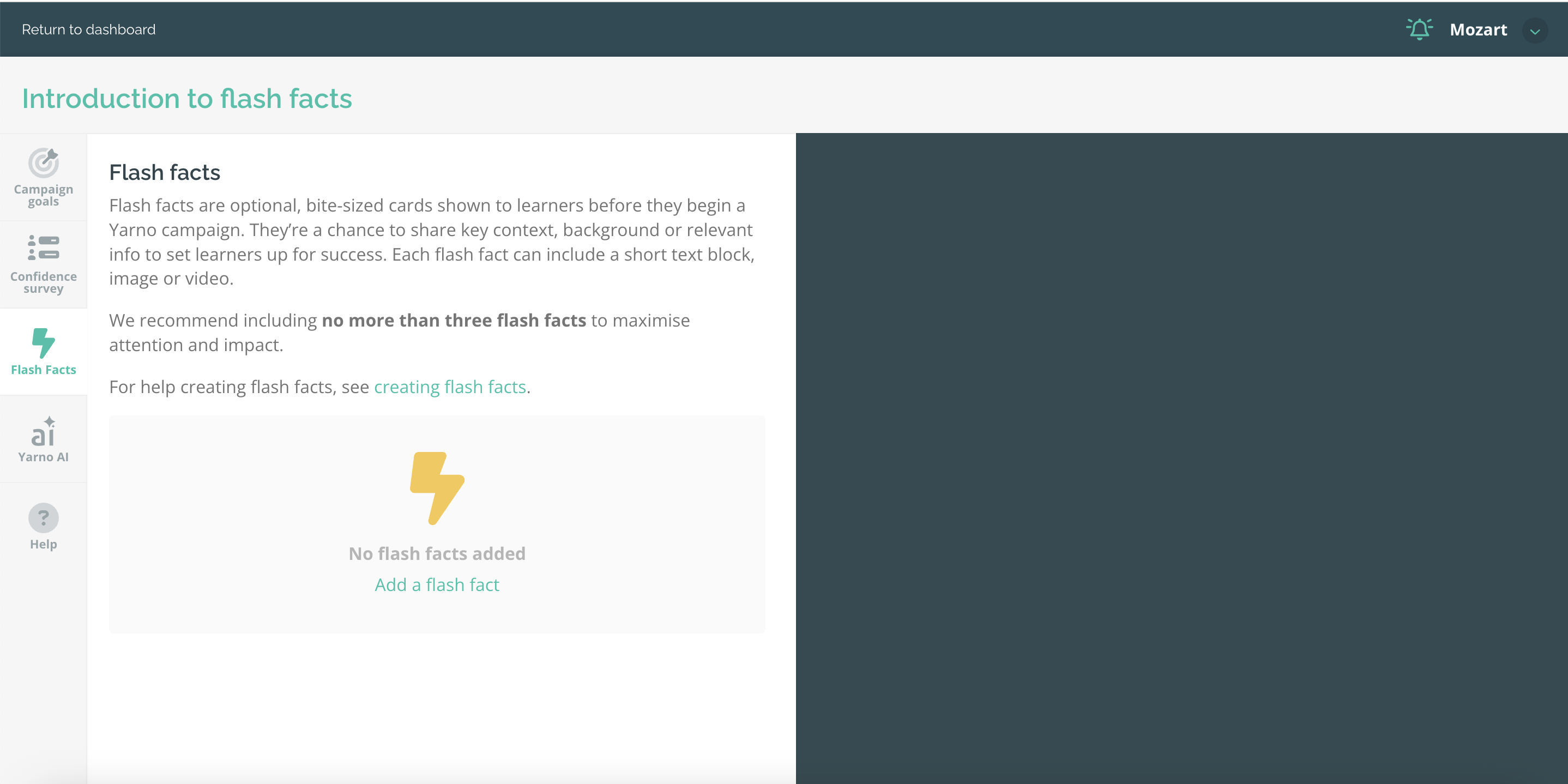 Screenshot of a board in Yarno, with the flash facts tab opened from the left hand menu