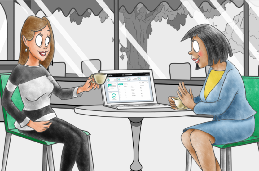 Yarno mascot, Seneca holding a teal coloured book