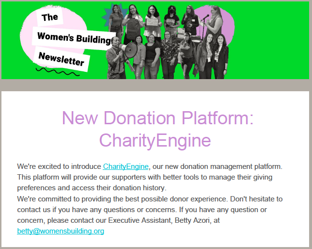 Screenshot of the top section of a past newsletter from The Women’s Building, showing the header and introductory content from the October 2024 issue.
