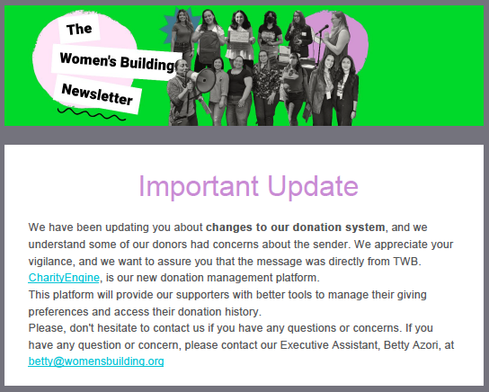 Screenshot of the top section of a past newsletter from The Women’s Building, showing the header and introductory content from the November 2024 issue.