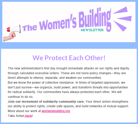 Screenshot of the top section of a past newsletter from The Women’s Building, showing the header and introductory content from the January 2025 issue.