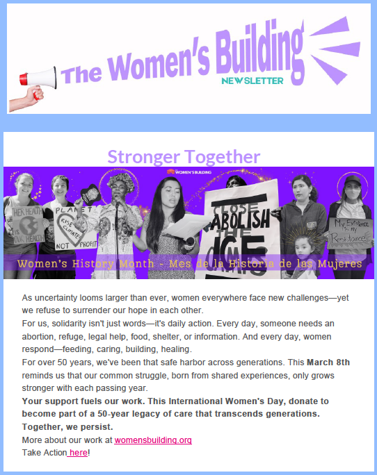 Screenshot of the top section of a past newsletter from The Women’s Building, showing the header and introductory content from the February 2025 issue.