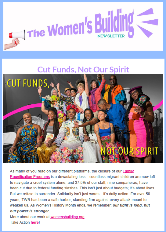 Screenshot of the top section of a past newsletter from The Women’s Building, showing the header and introductory content from the = issue.