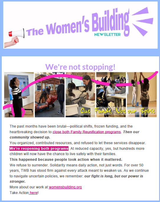 Screenshot of the top section of a past newsletter from The Women’s Building, showing the header and introductory content from the June 2025 issue.