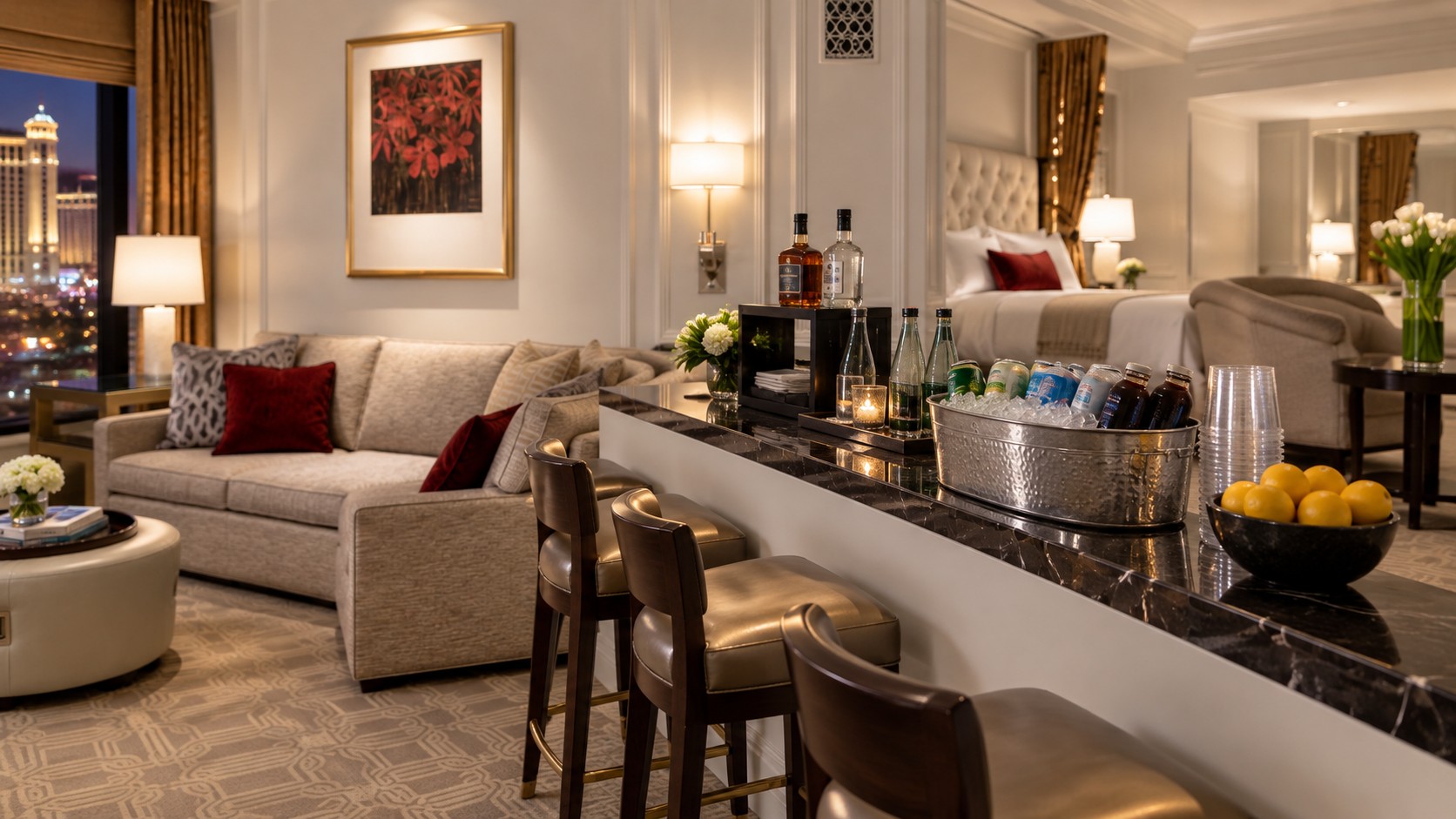 A quiet corner: a sofa, bar stools and cold drinks