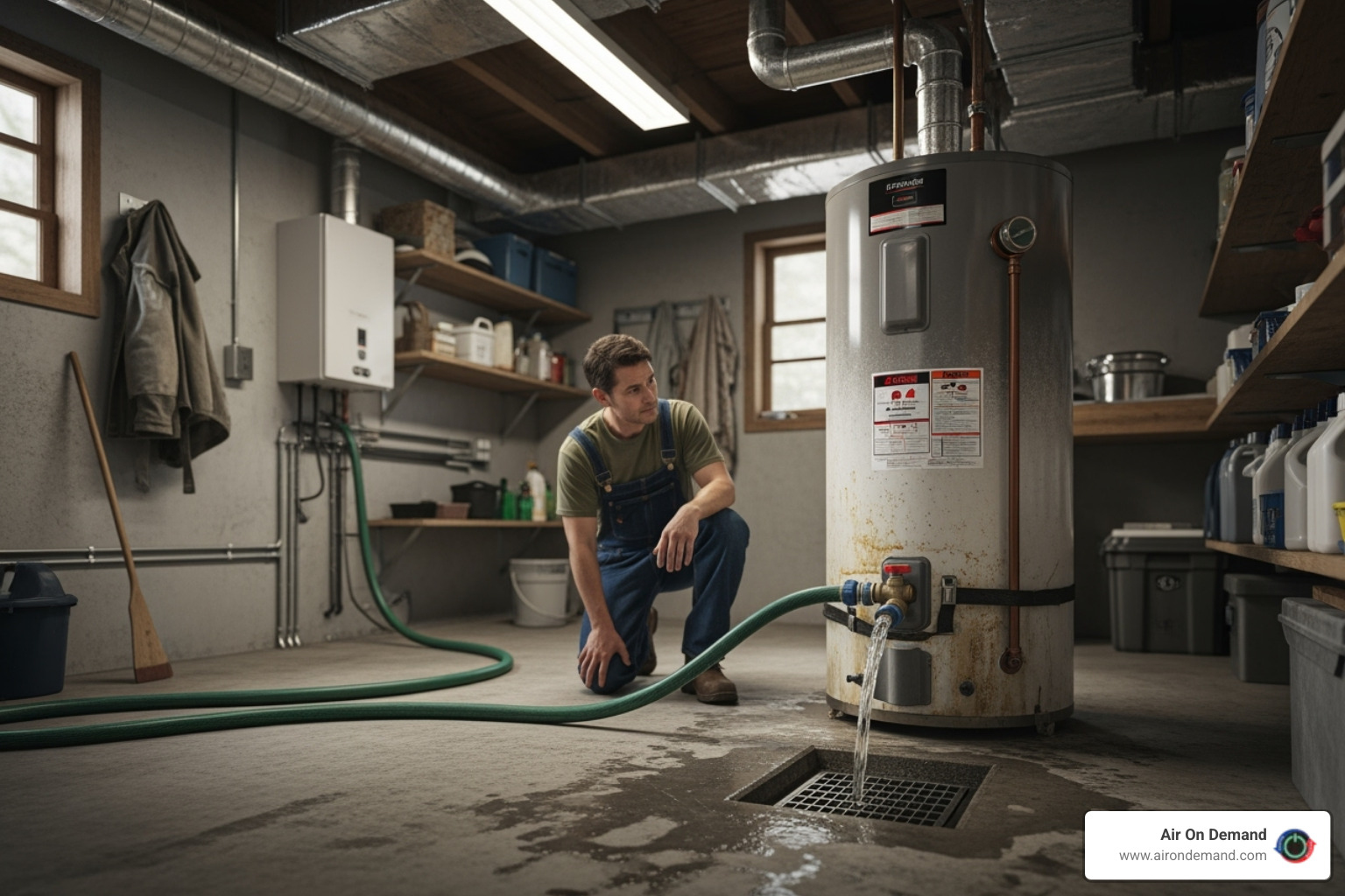 homeowner draining an old water heater - water heater installation guide