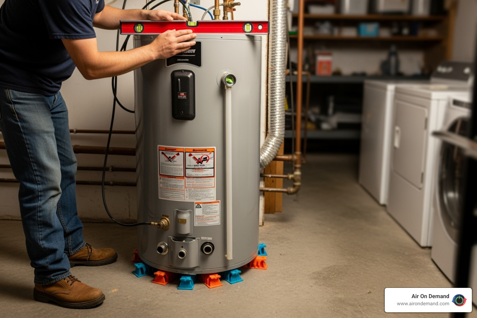 new water heater being leveled with shims - water heater installation guide