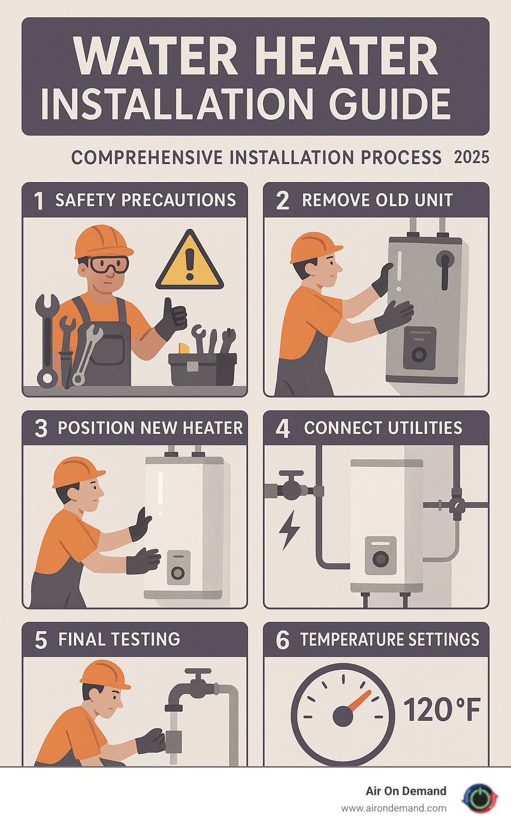 Comprehensive water heater installation process showing safety steps, tools needed, removal of old unit, positioning new heater, connecting utilities, and final testing with temperature settings - water heater installation guide infographic 