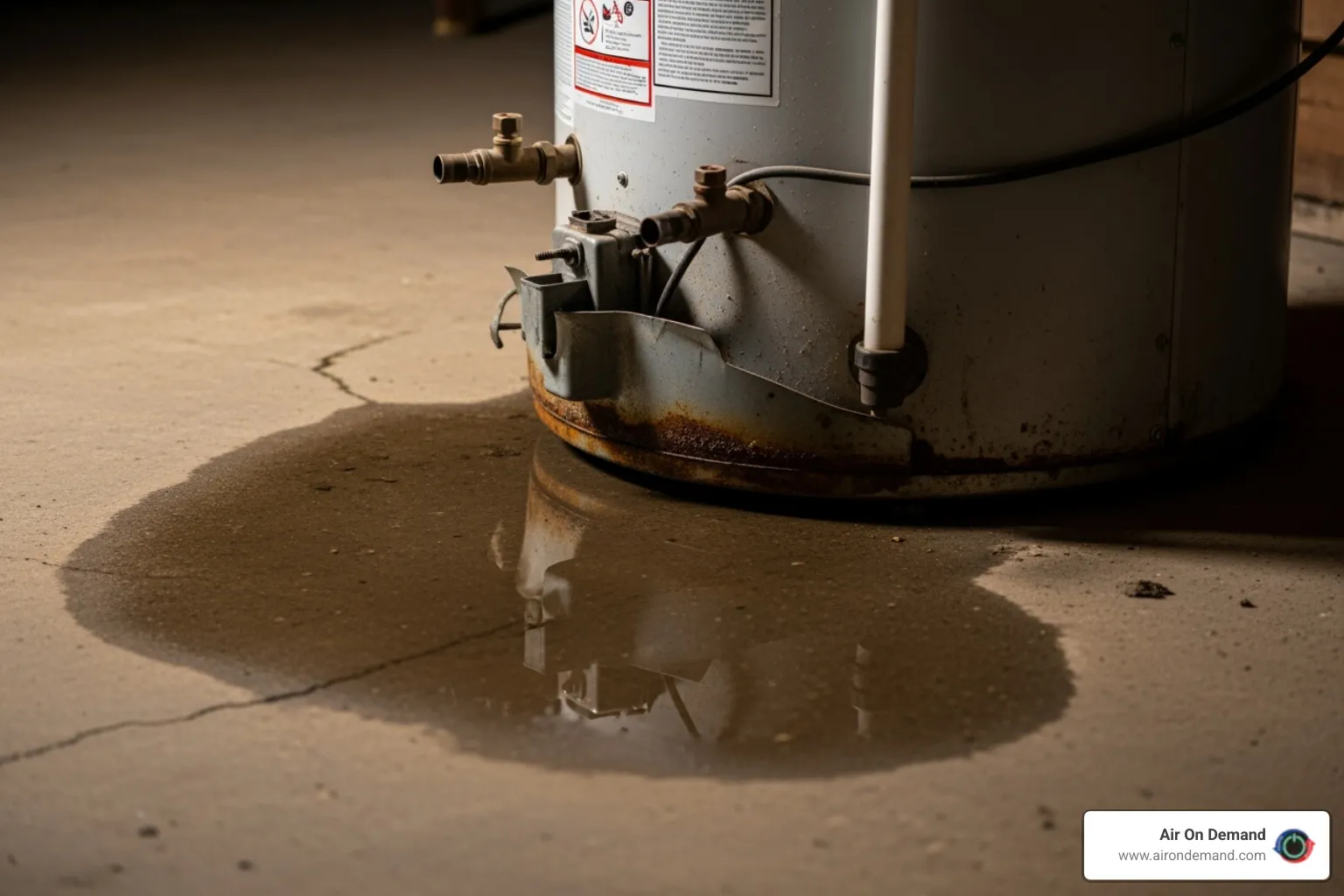 A small puddle of water near the base of a water heater - water heater service Miami