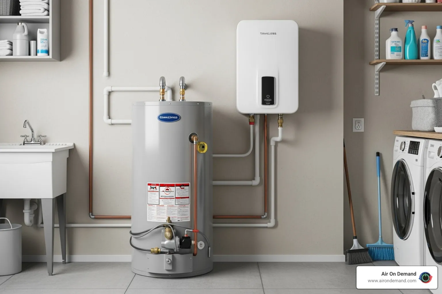 A traditional tank water heater next to a compact tankless unit - water heater service Miami