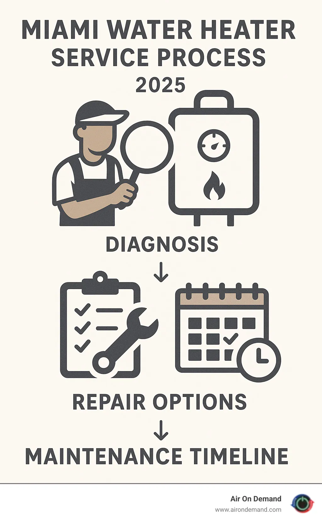 Miami water heater service process showing diagnosis, repair options, and maintenance timeline - water heater service Miami infographic 