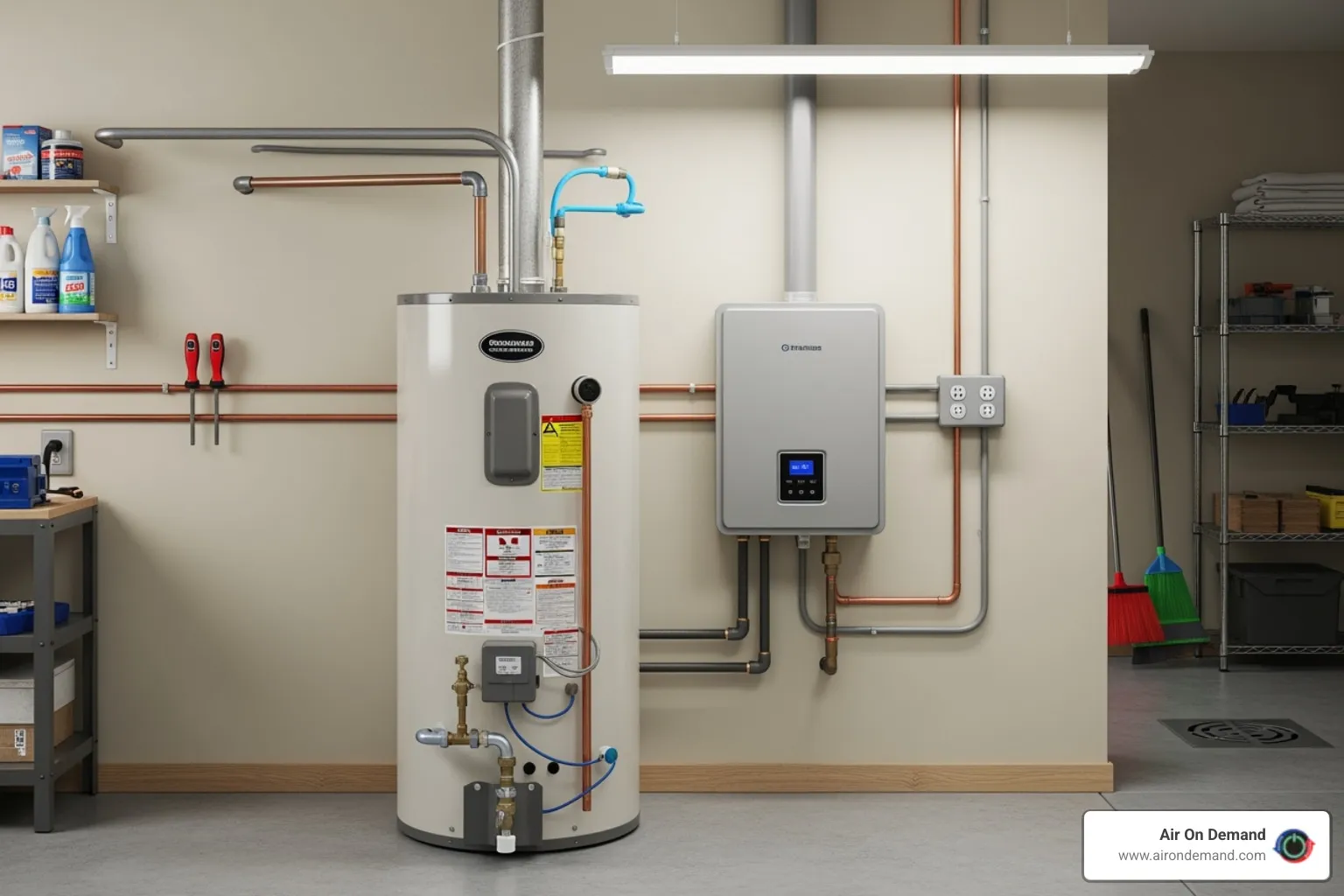 A traditional tank water heater next to a compact tankless unit - water heater service Miami