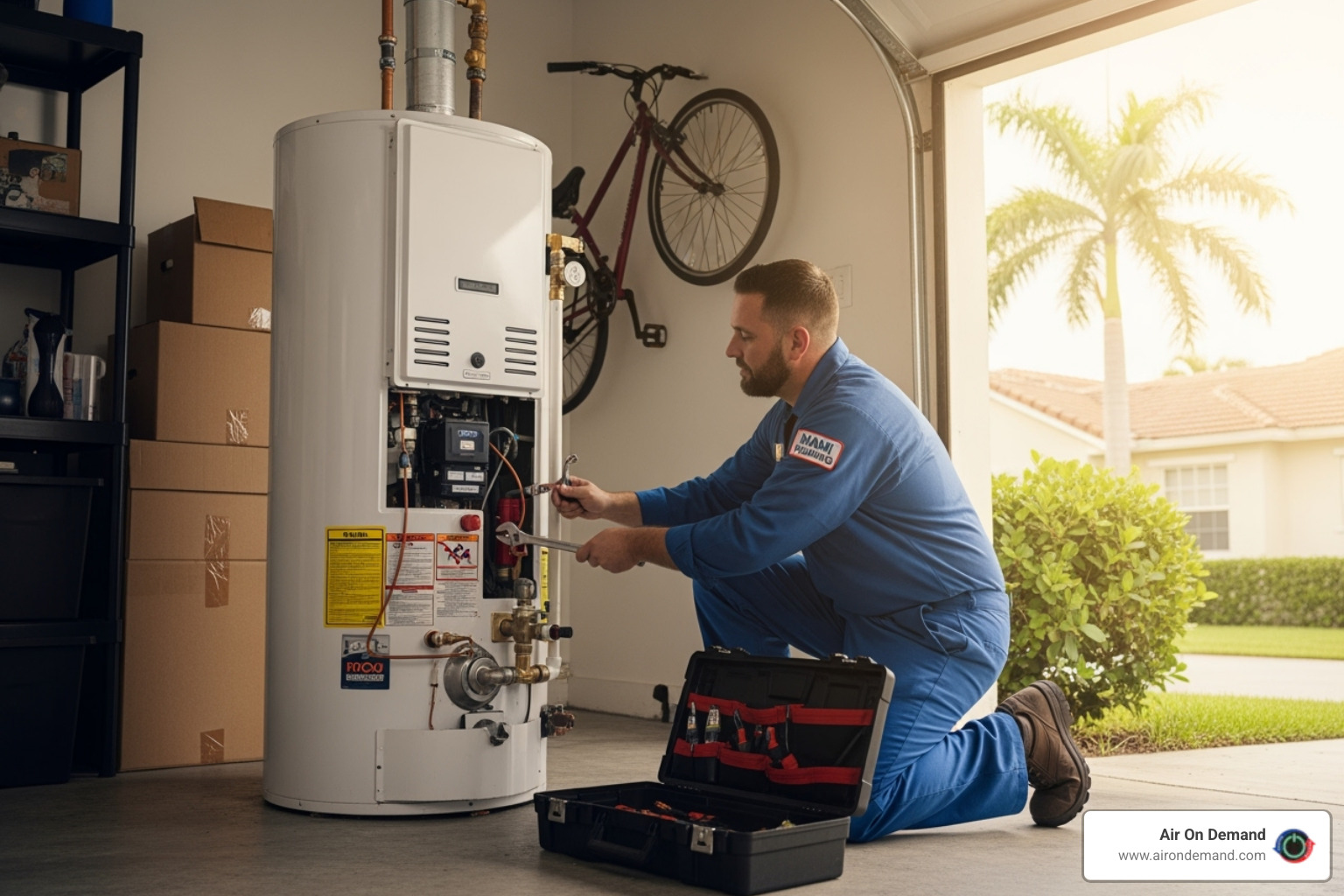 A professional technician servicing a water heater - water heater service Miami