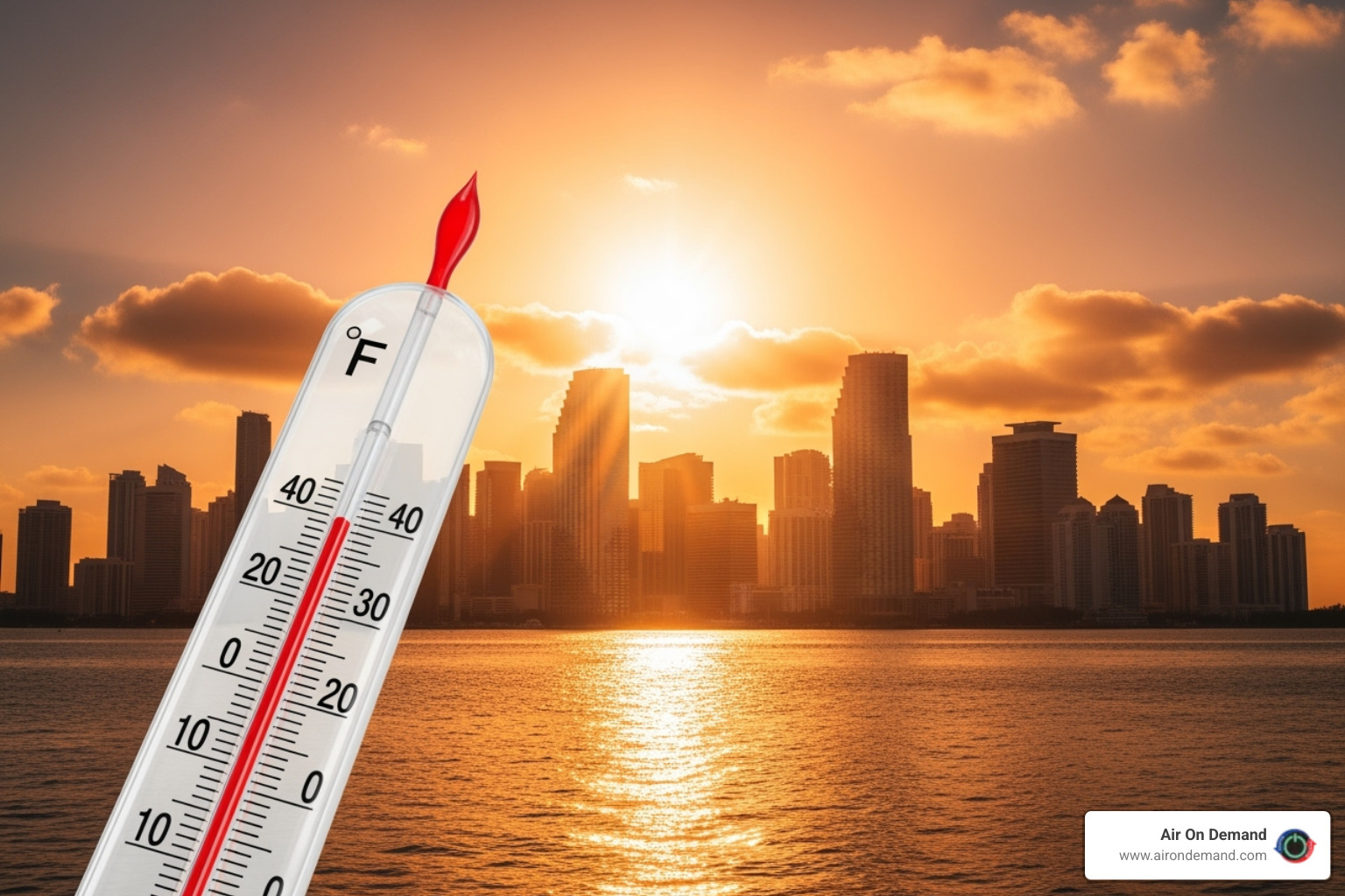A thermometer showing a high temperature with a Miami skyline in the background - 24/7 AC repair Miami